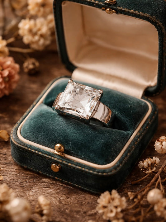 Anello argento 925 con castone e fascione alti e grande zirconia cubica, anni ‘70