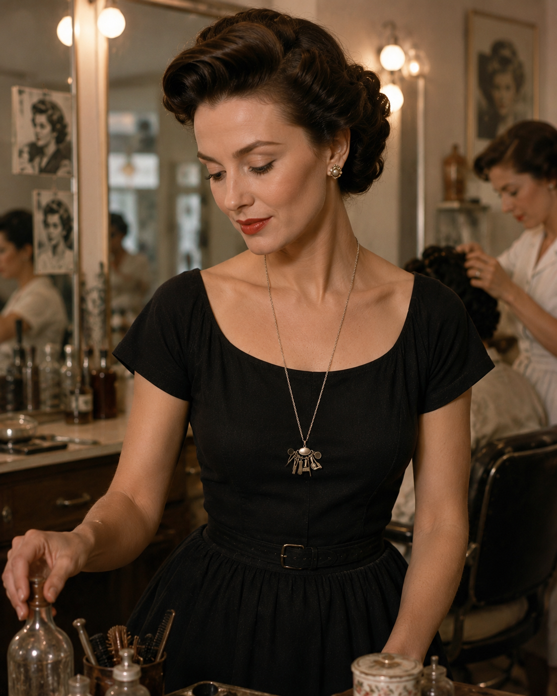 Pendente tematico in argento 800 con miniature, anni ‘50 barber shop / parrucchiere