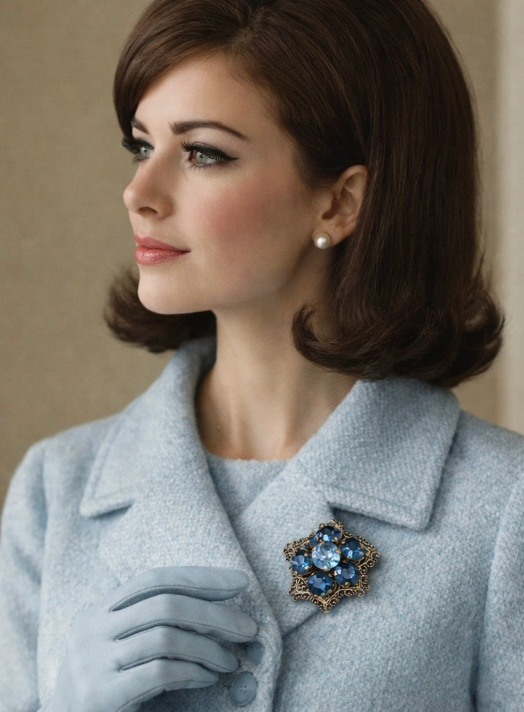 Spilla gioiello vintage cristalli azzurri e blu, anni ‘60
