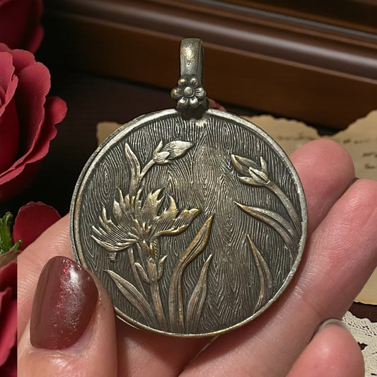 Pendente gioiello argento massiccio con specchio al mercurio, liberty, fine ‘800 - primo ‘900