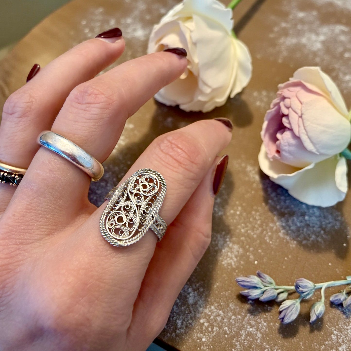 Anello in finissima filigrana d’argento, manifattura italiana anni 60