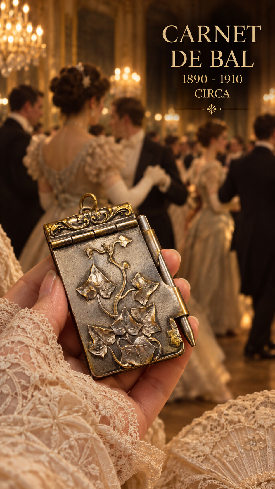 Antico carnet de bal da Châtelaine intonso con decorazione bifacciale liberty floreale e anellino