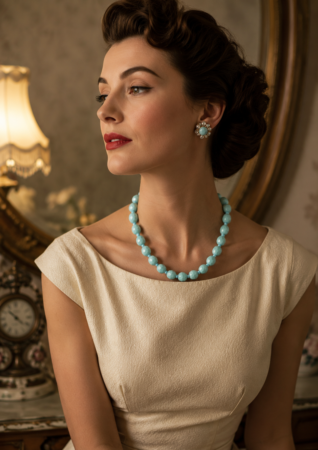 Splendida collana in paste vitree sfaccettate anni ‘50 azzurro cielo con chiusura a barilotto