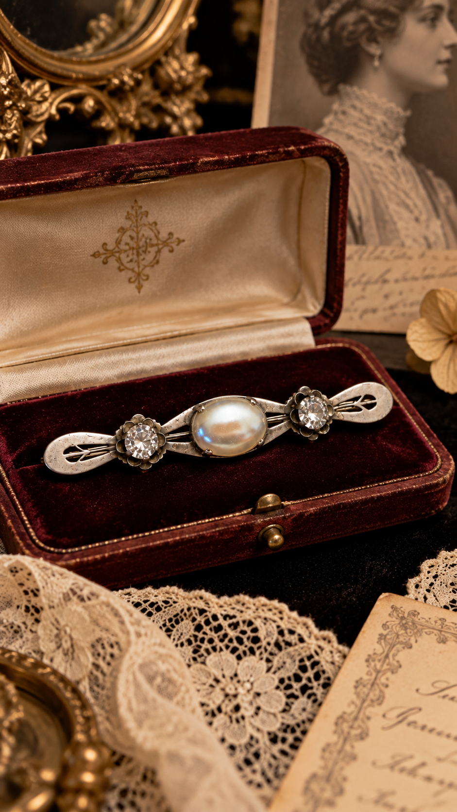 Grande broche de cou spilla placcata argento con vetro perlato e cristalli, anni 20-30