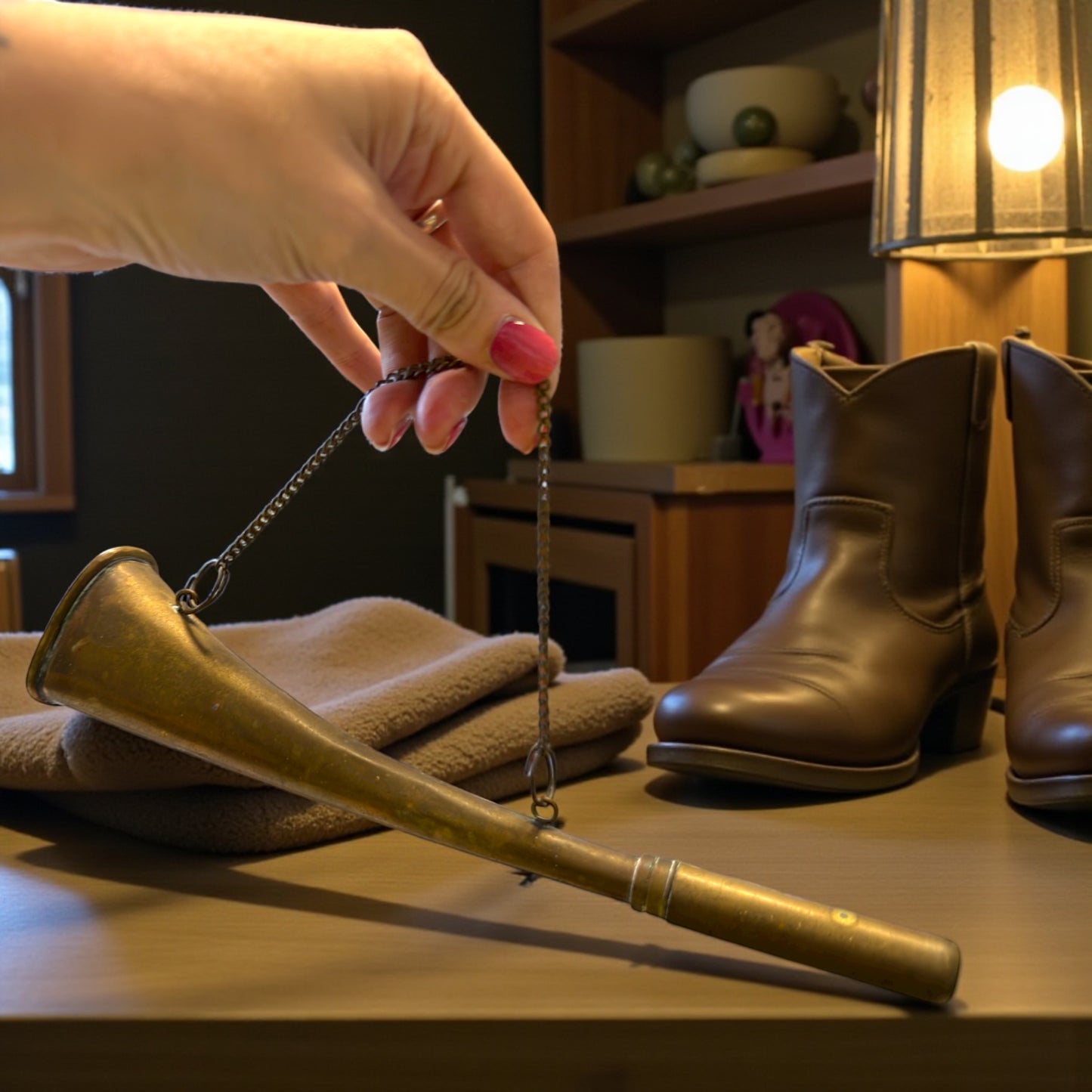 Antico corno richiamo da caccia in ottone con ancia interna, prima metà ‘900