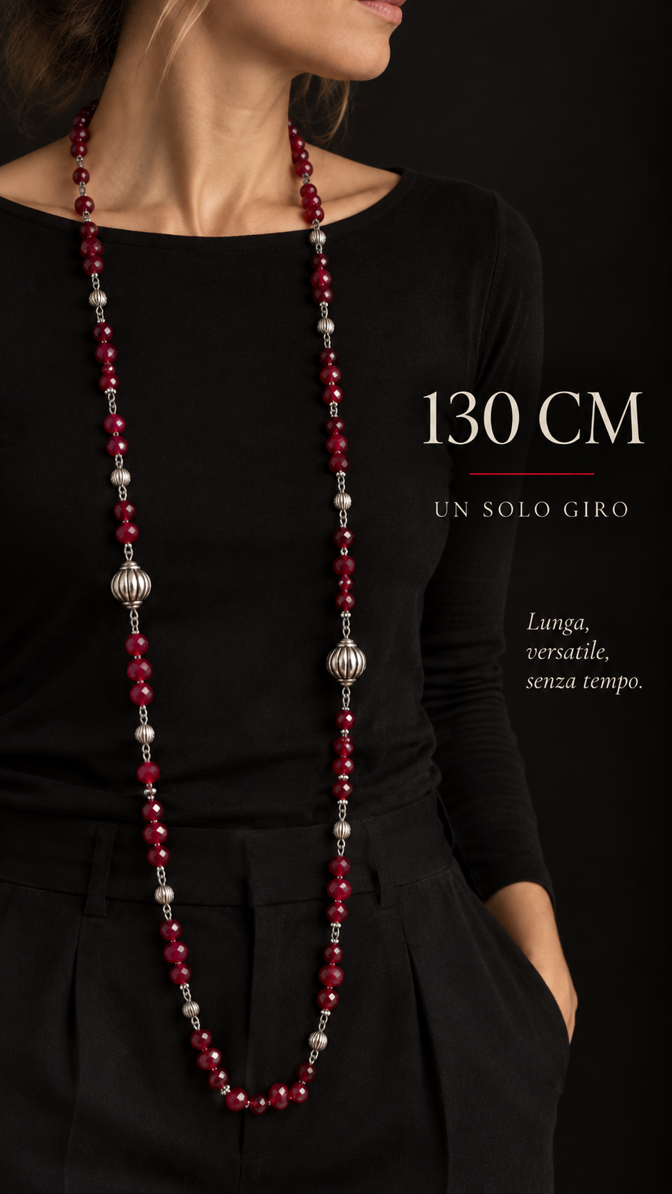 Sautoir lungo 130 cm rosso con elementi argentati, collana portabile a singolo o doppio giro