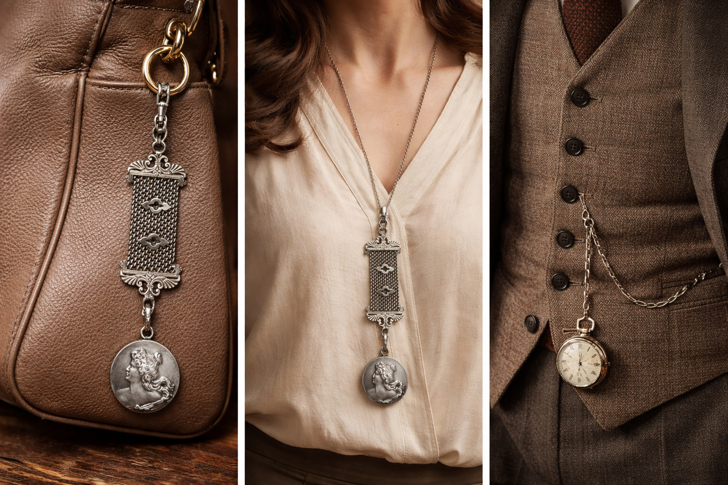 Gioiello catena da panciotto in argento massiccio con medaglia bifacciale Liberty - fine ‘800 primo ‘900