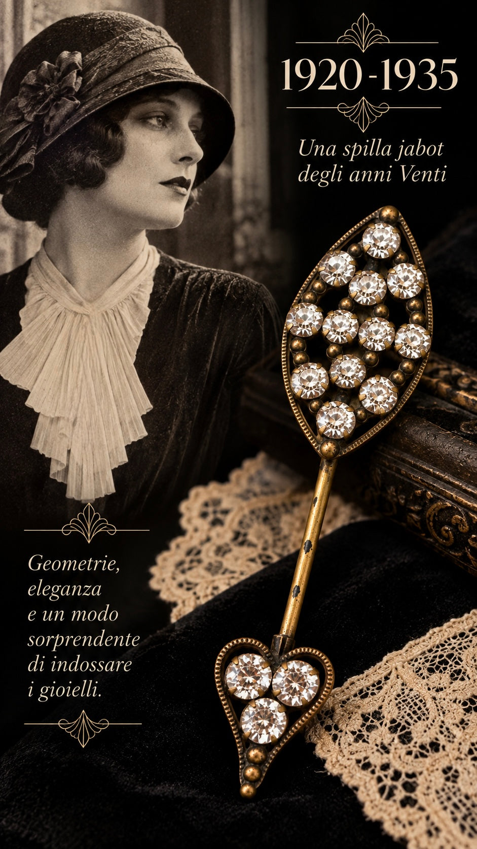 Antica spilla jabot art déco anni ‘20 - ‘30 con navetta ed elemento mobile a cuore