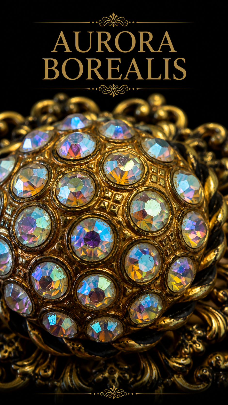 Splendido gioiello clip ferma foulard dorato con cupola tempestata di cristalli Aurora Borealis