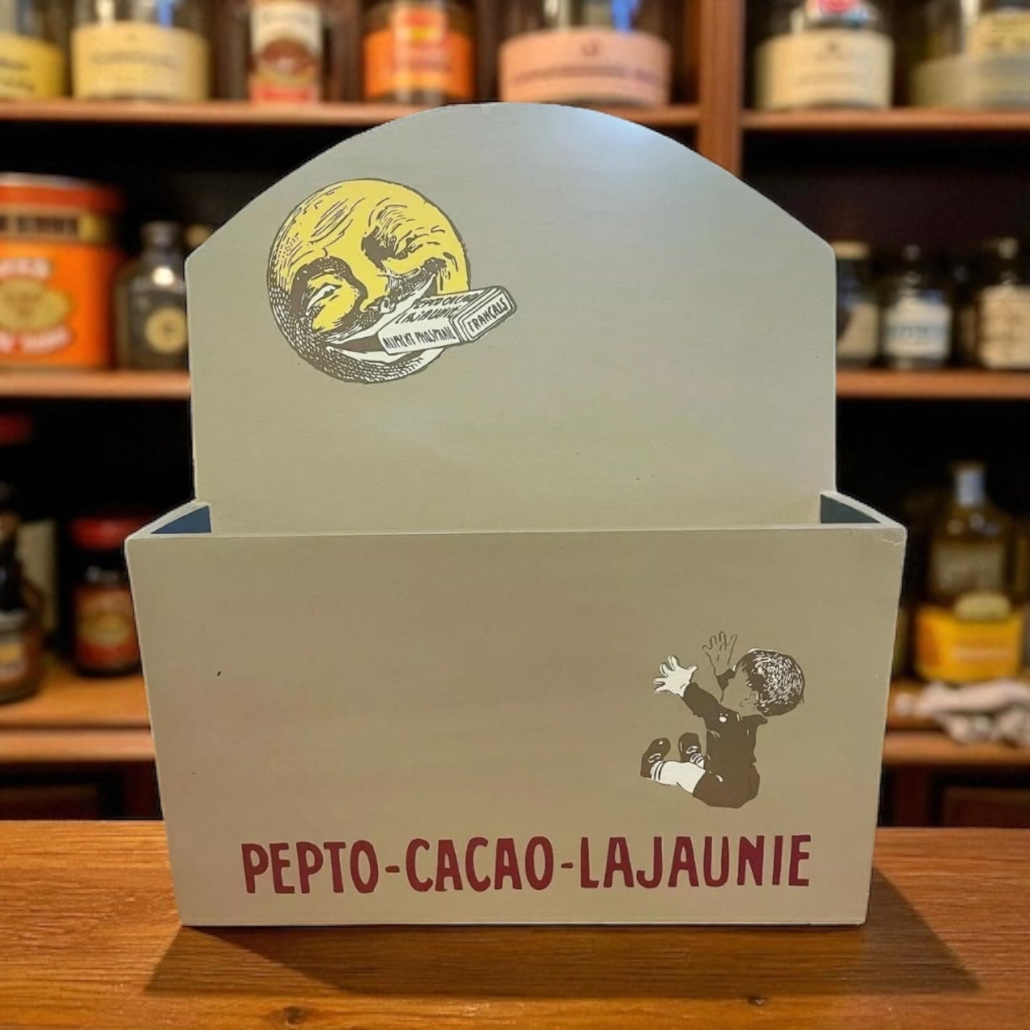 Espositore vintage legno Lajaunie con bimbo e luna