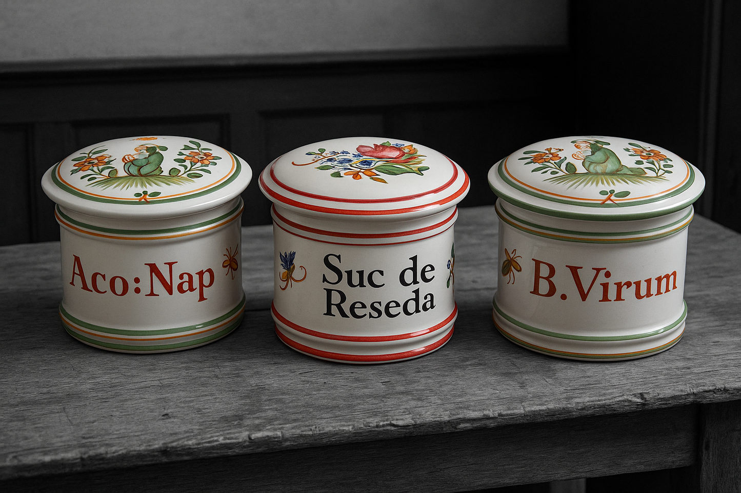 Tris vasi vintage da farmacia con coperchio a battuta dipinti a mano