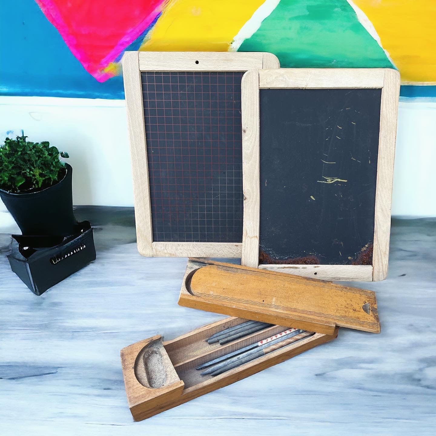 Set scuola antico coppia lavagne e plumier