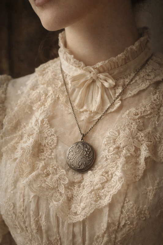 Gioiello pendente locket in argento francese, bifacciale, Art Nouveau con due fotografie d’epoca