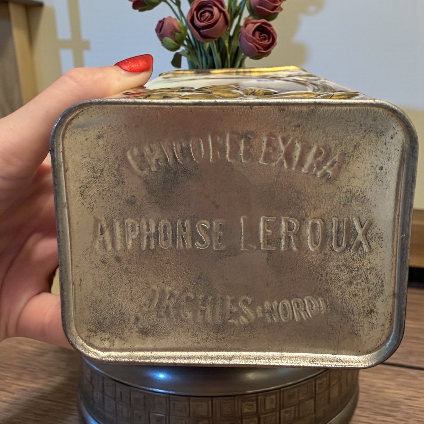 Set n. 3 antiche scatole di latta Leroux Cambrai rarissime art Nouveau per cicoria, dolci e farina.