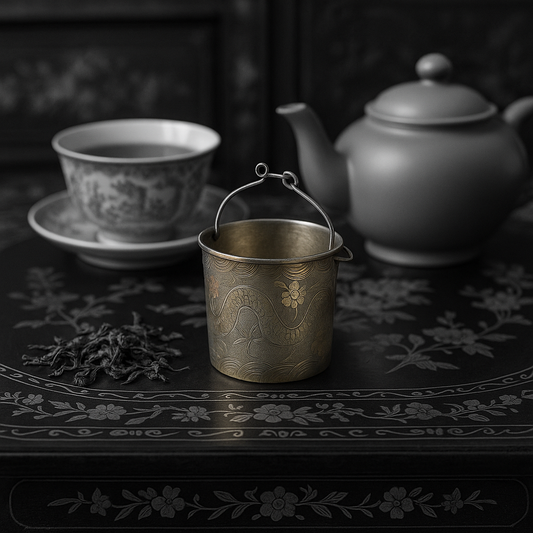 Meraviglioso antico filtro in argento per foglie da tè decorato con drago