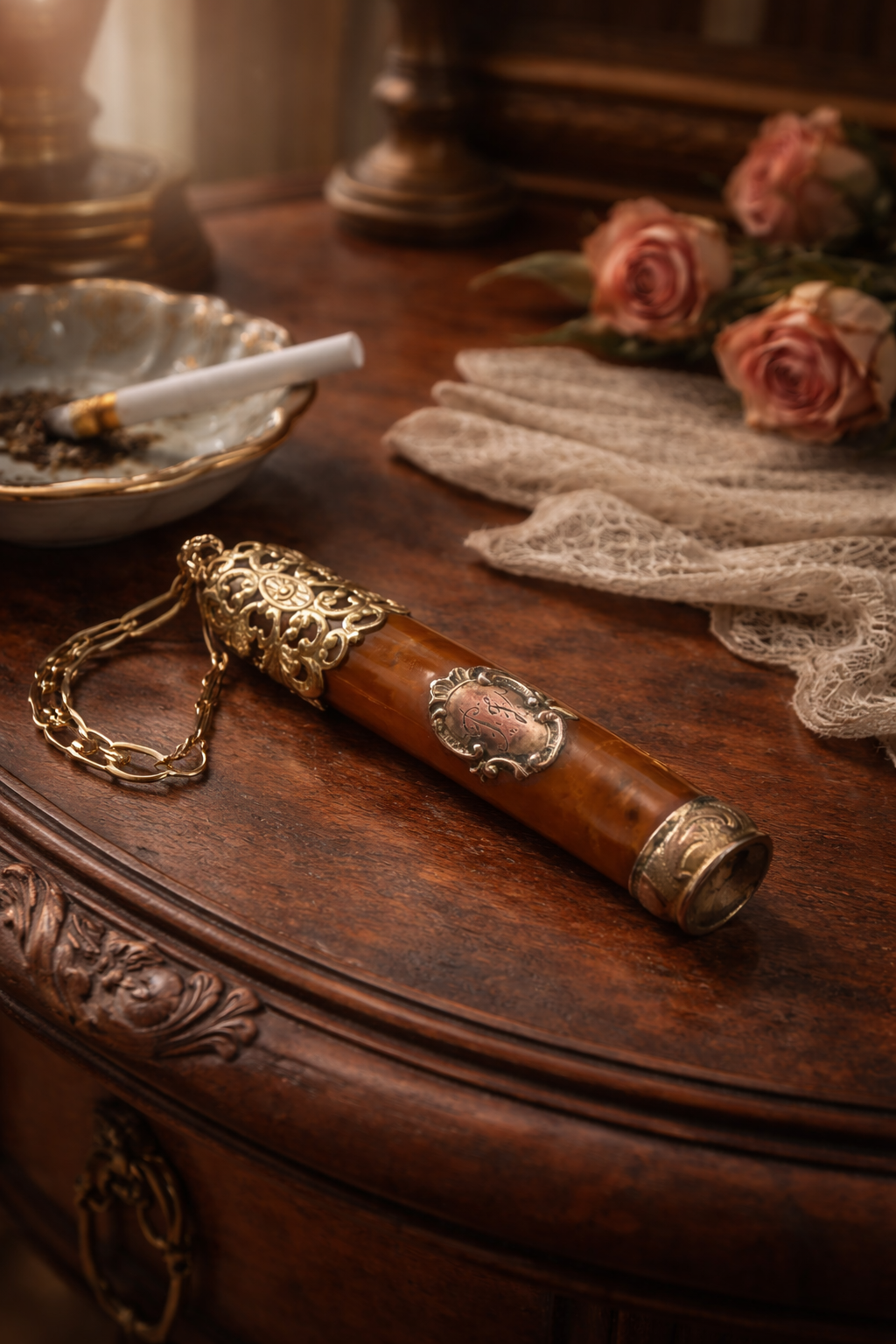 Antico bocchino da sigaretta con decorazioni e monogramma più catenella successiva