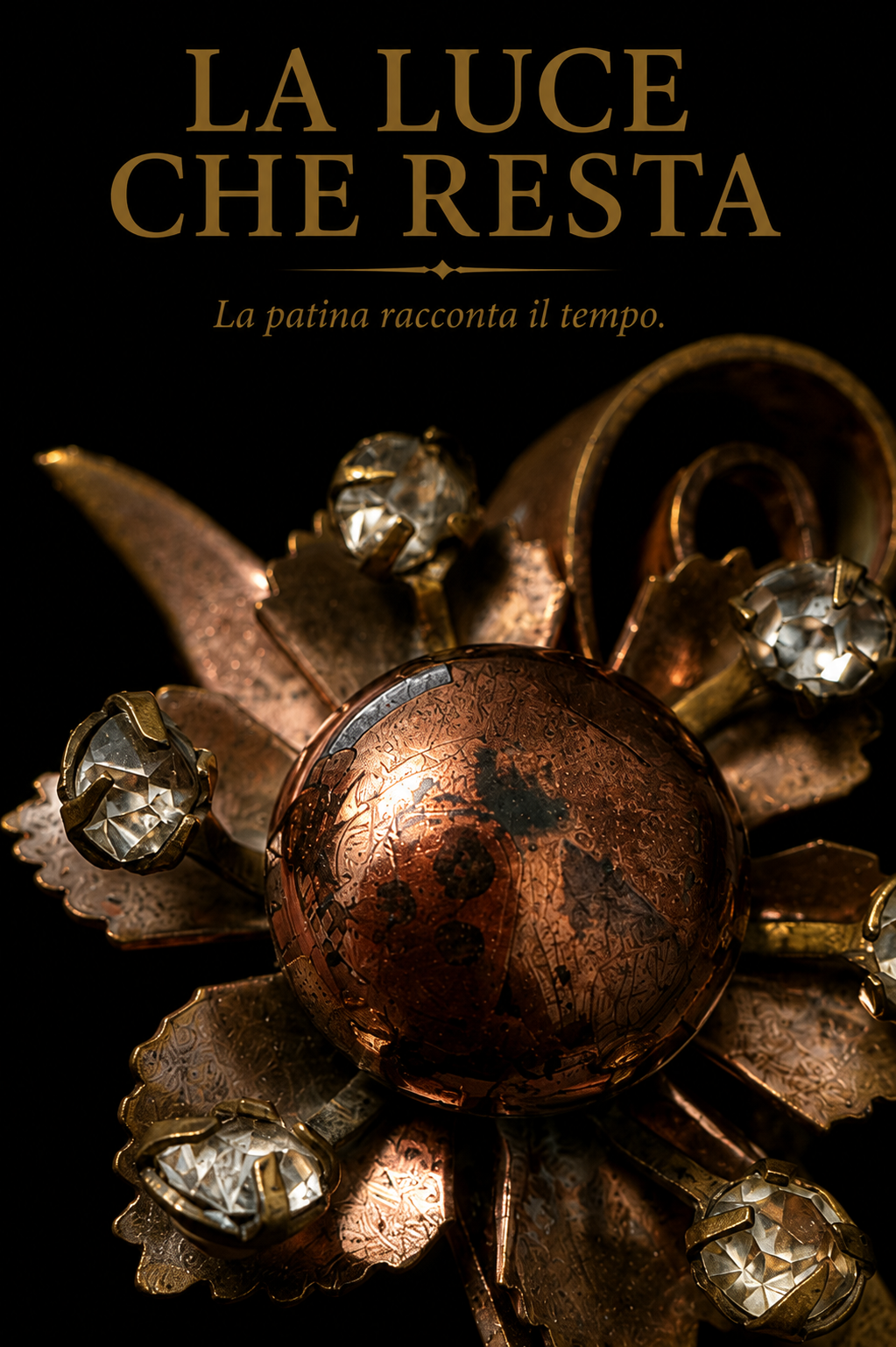 Antica spilla anni ‘20 in delicate e diverse tonalità dorate con cristalli incastonati a griffes