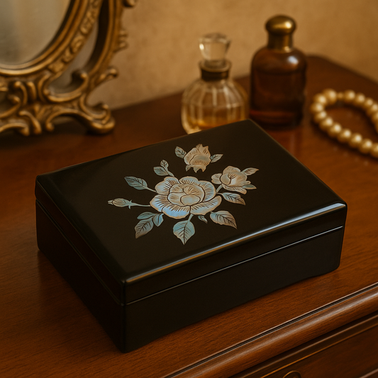 Scatola scrigno portagioie laccato giapponese, intarsio madreperla ca anni ‘40