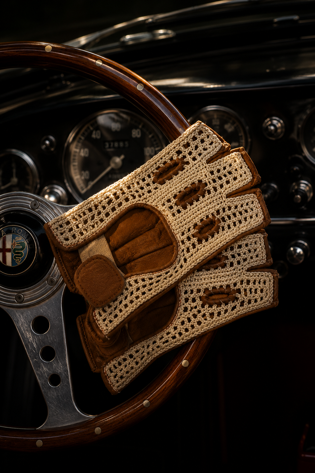 Guanti da guida anni ‘60 senza dita in pelle e crochet con calzata regolabile con velcro