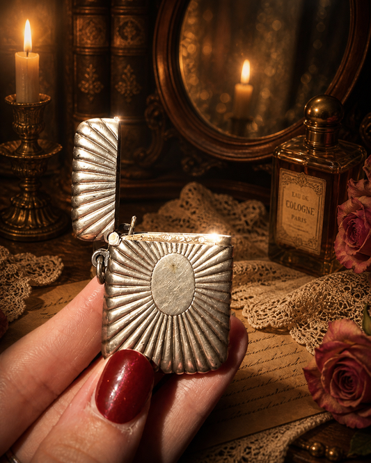 Vesta case sunburst in argento tit. 800, da Chatelaine, ca 1880-1910