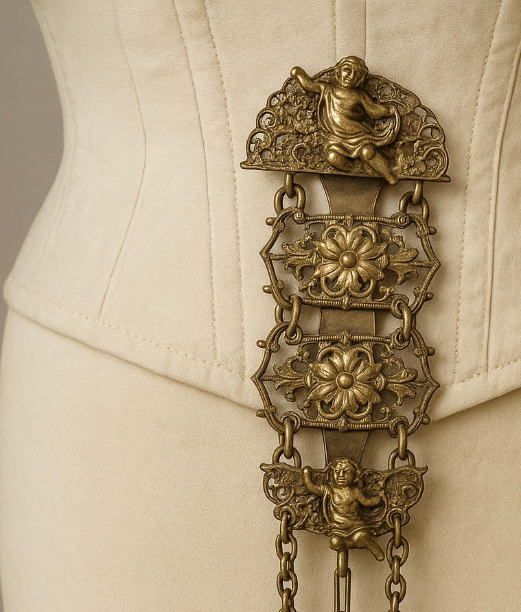 Chatelaine reggi calze con putti, lega metallica, fine ‘800 - primo ‘900