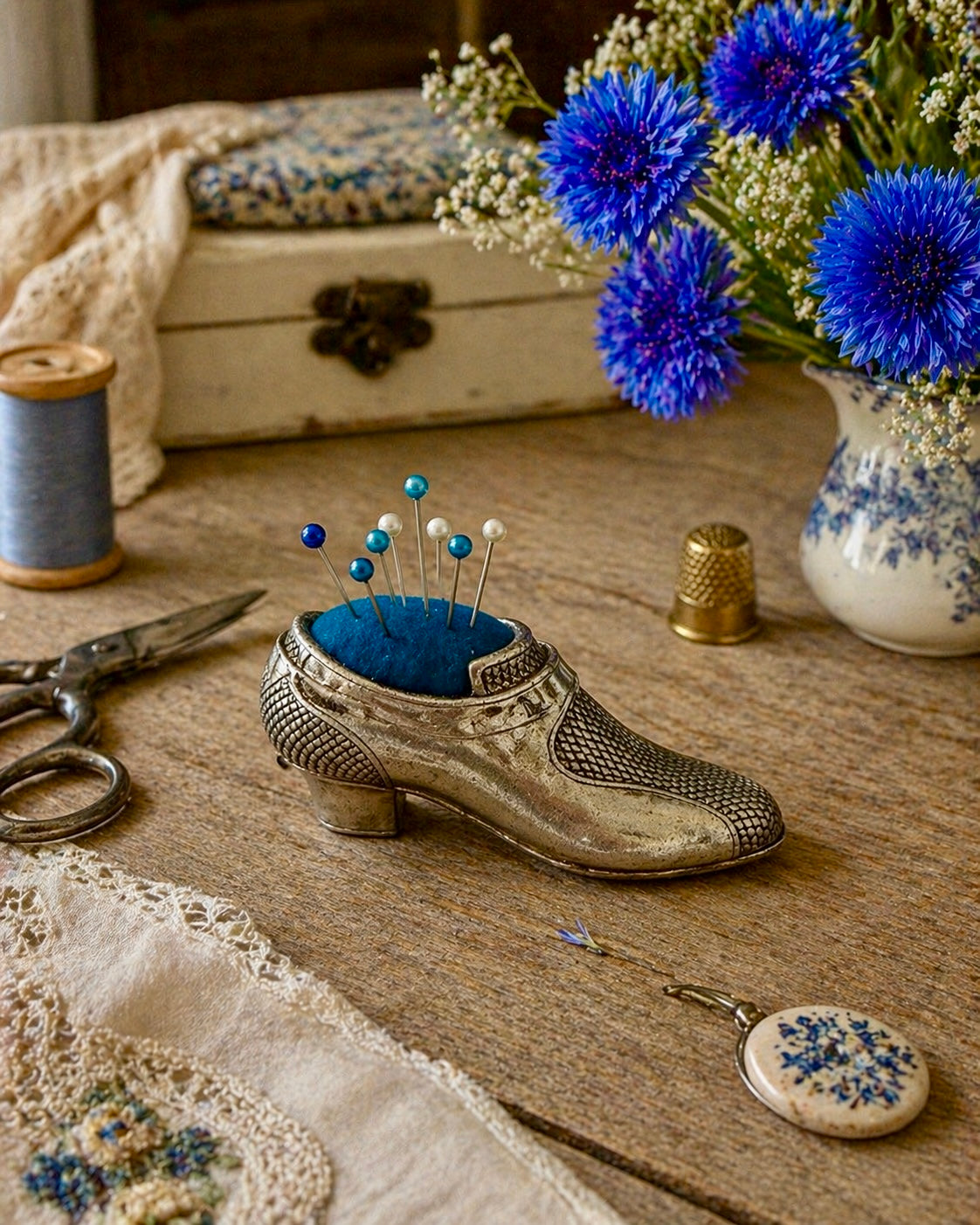 Puntaspilli vintage a guisa di deliziosa scarpetta argentata con cuscinetto blu