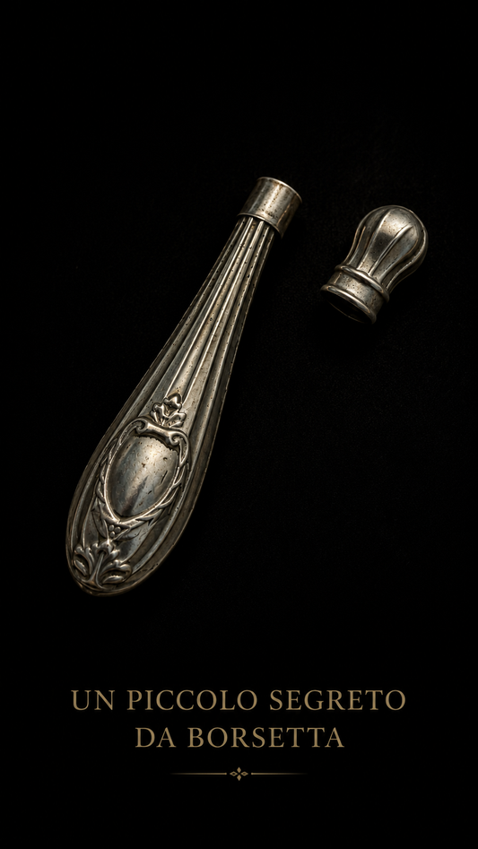 Antico needle case porta aghi in metallo bianco con cartiglio per iniziali