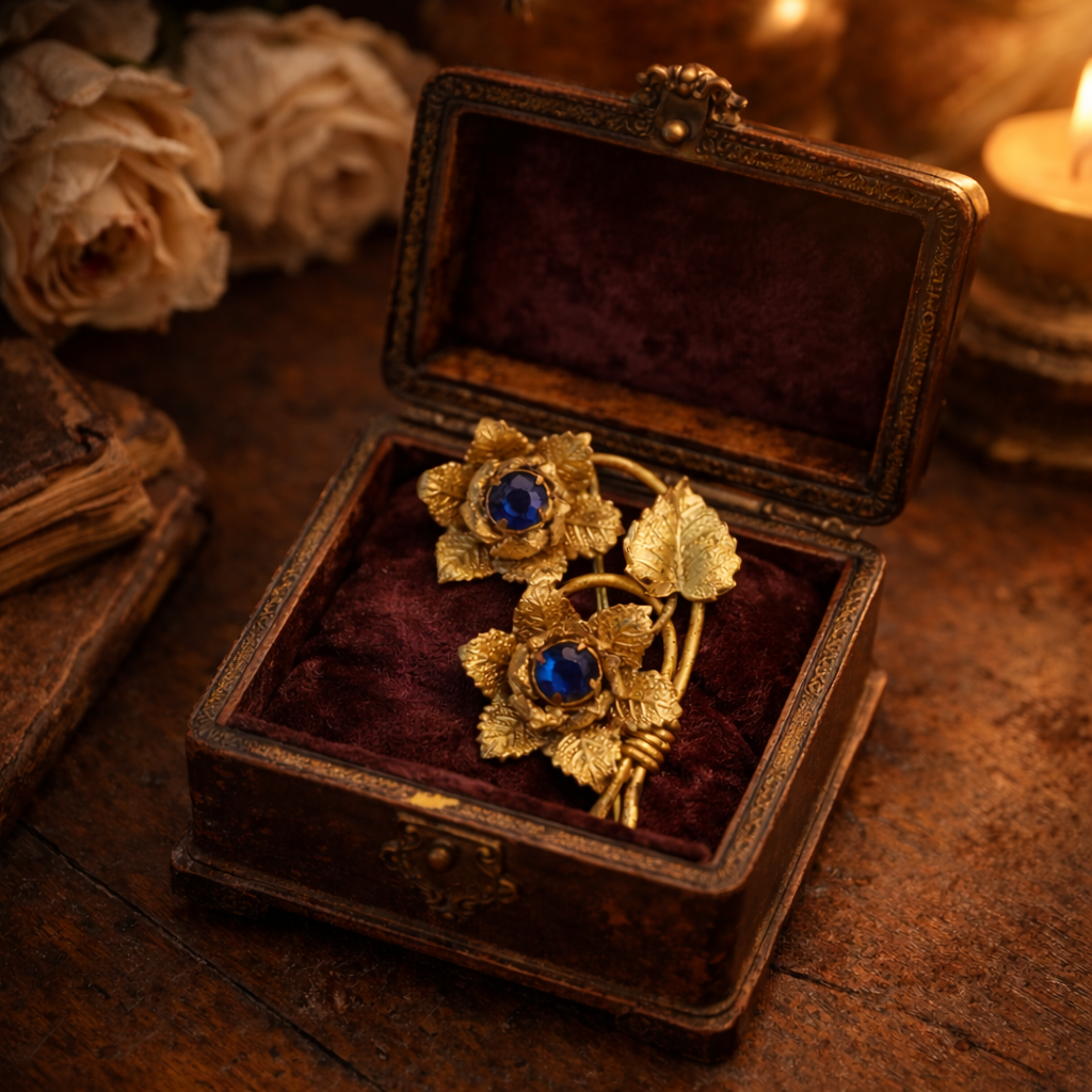 Spilla dorata con vetri blu a bouquet, secondo dopoguerra