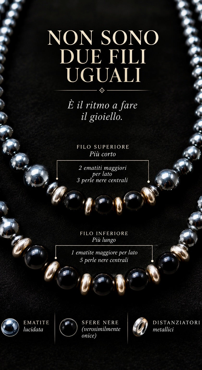 Splendido collier a due fili in perle lucidate di ematite con chiusura gioiello, anni ‘50-‘60