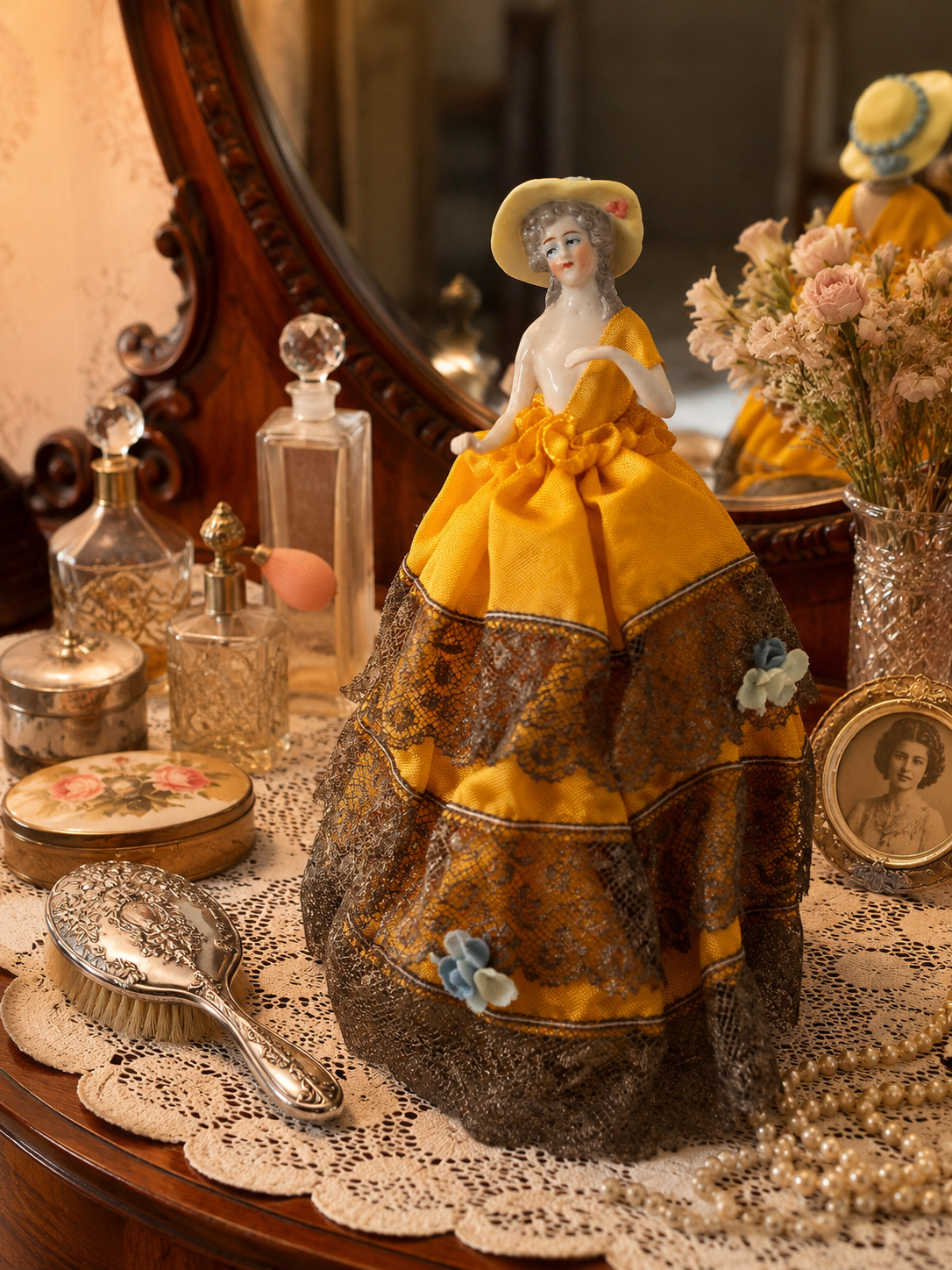 Half doll anni ‘40 ca con abito in pizzo e applicazioni floreali con scomparto nascosto per cipria