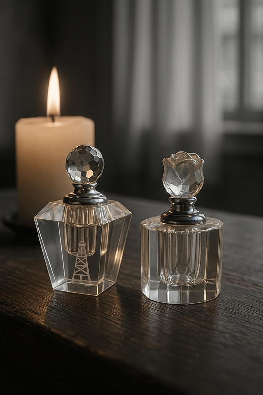 Coppia flaconi da profumo in vetro molato, anni ‘50, tappi a diamantino e rosa