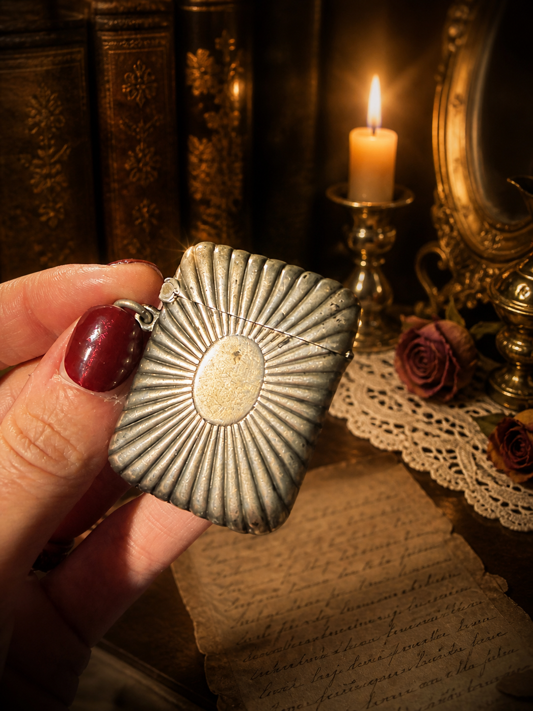 Vesta case sunburst in argento tit. 800, da Chatelaine, ca 1880-1910