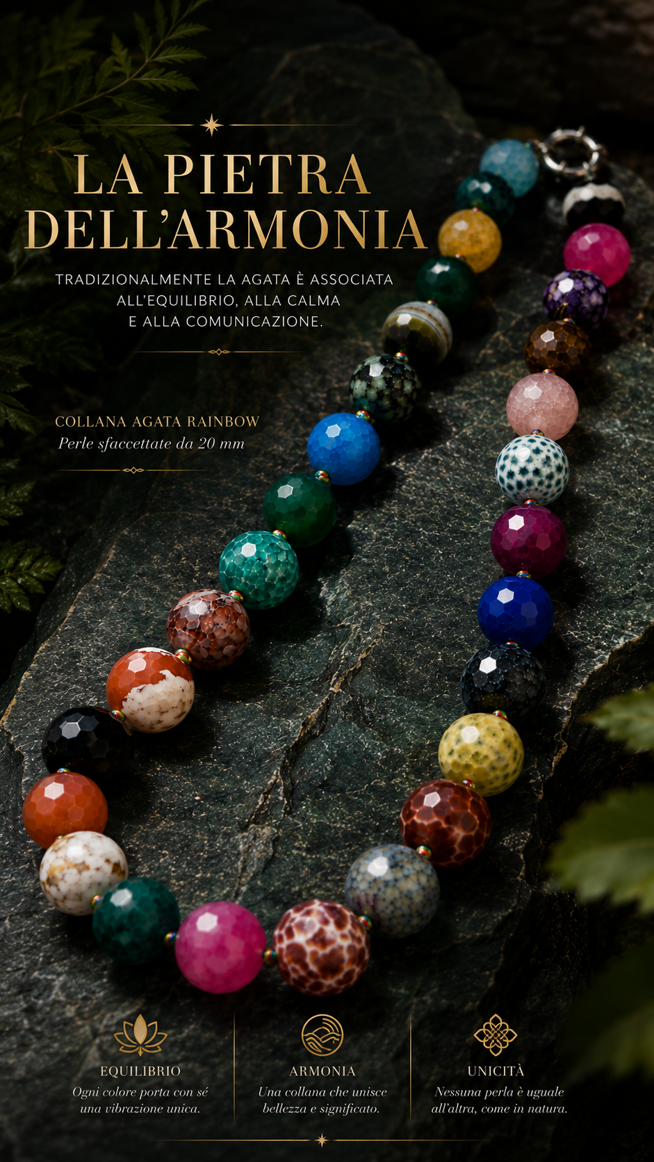 Meravigliosa collana, Agata Rainbow, perle sfaccettate infilate e annodate a Mano