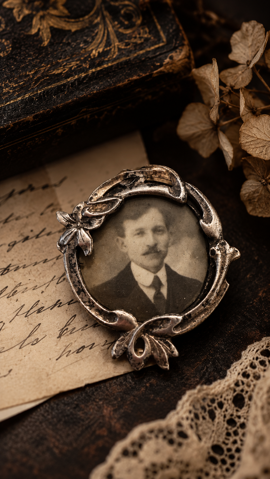 Spilla ritratto, gioiello sentimentale ad memoriam in cornice Art Nouveau argentata