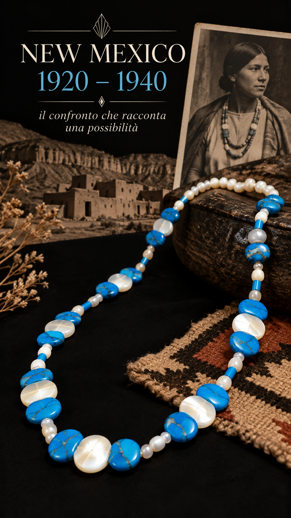 Collana southwest americano ca anni 30-40 con elementi discoidali color turchese e madreperla