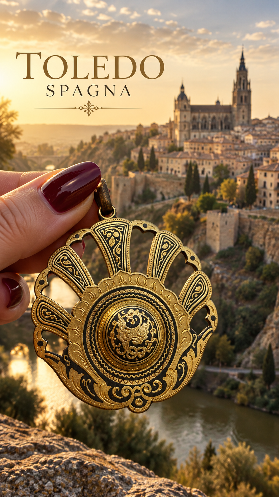 Ciondolo pendente Oro di Toledo damaschinato con drago a fronte