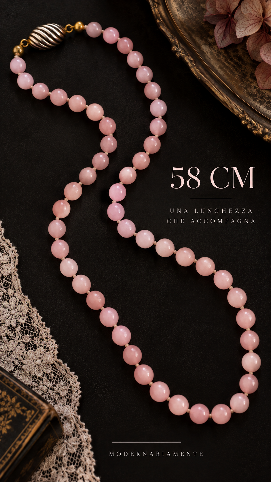 Collana 58 cm perle di pasta di vetro annodate a mano con chiusura gioiello a conchiglia