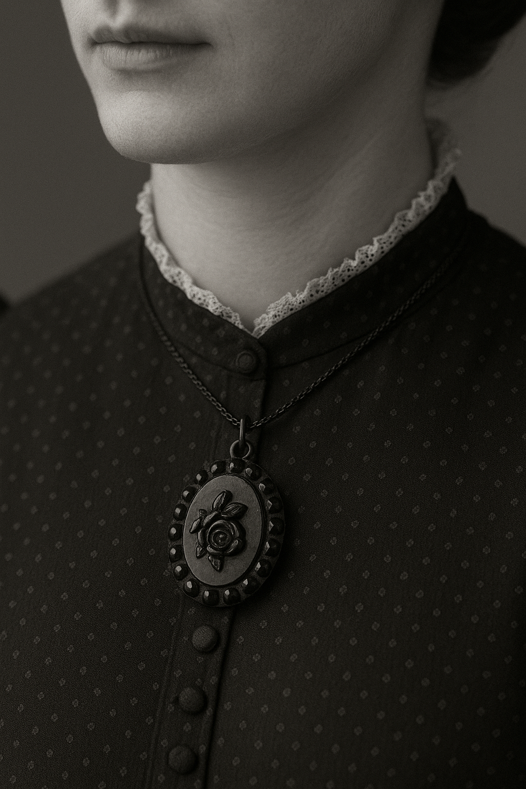 Pendente da lutto in vetro nero, vittoriano, con rosa