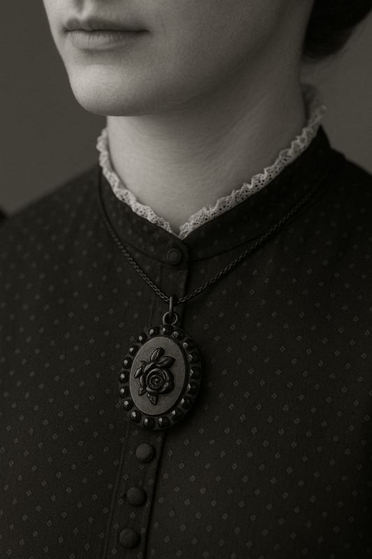 Pendente da lutto in vetro nero, vittoriano, con rosa