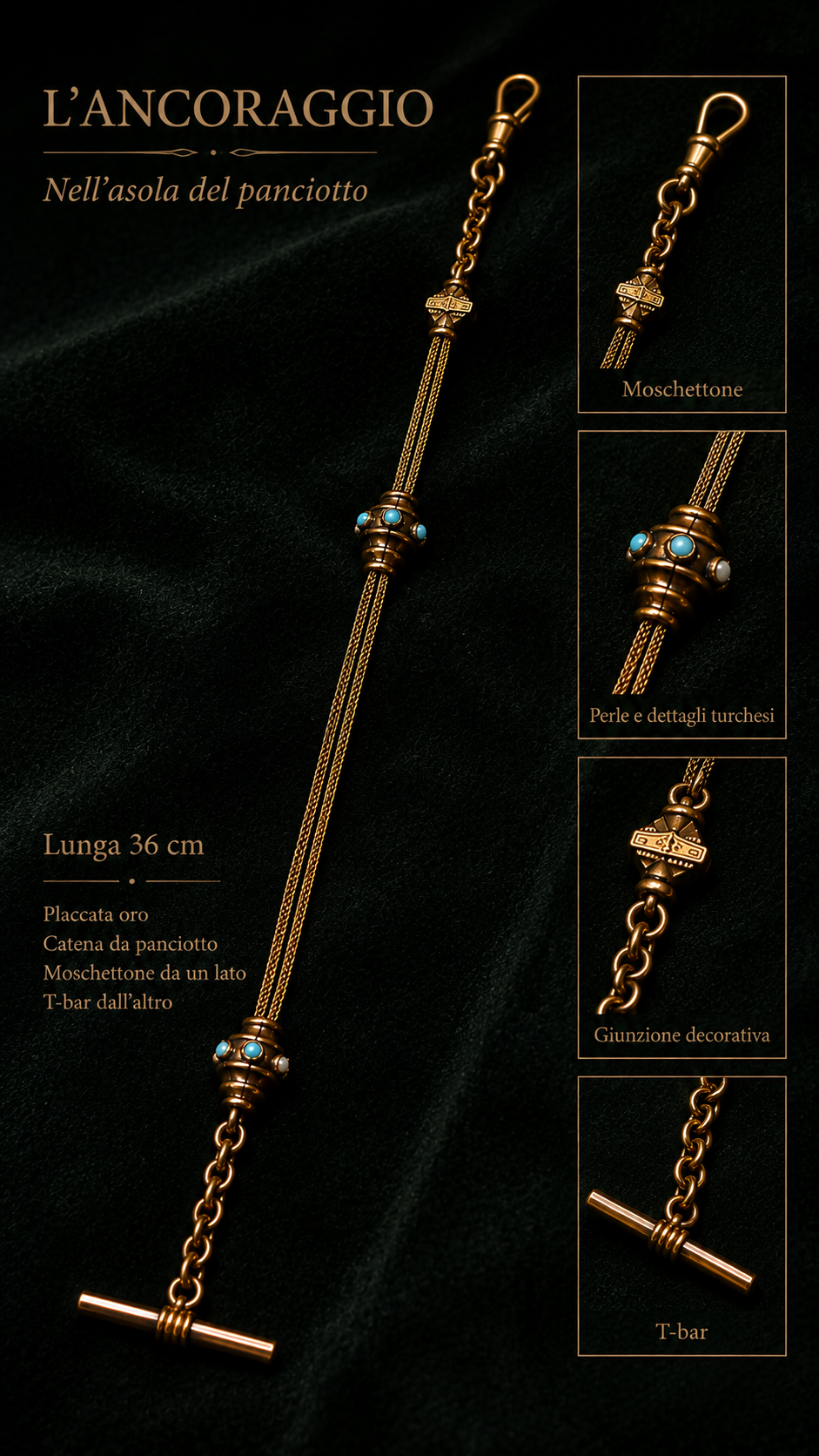 Albert chain da panciotto con moschettone e t-bar provvista di elementi decoratici, placcata oro