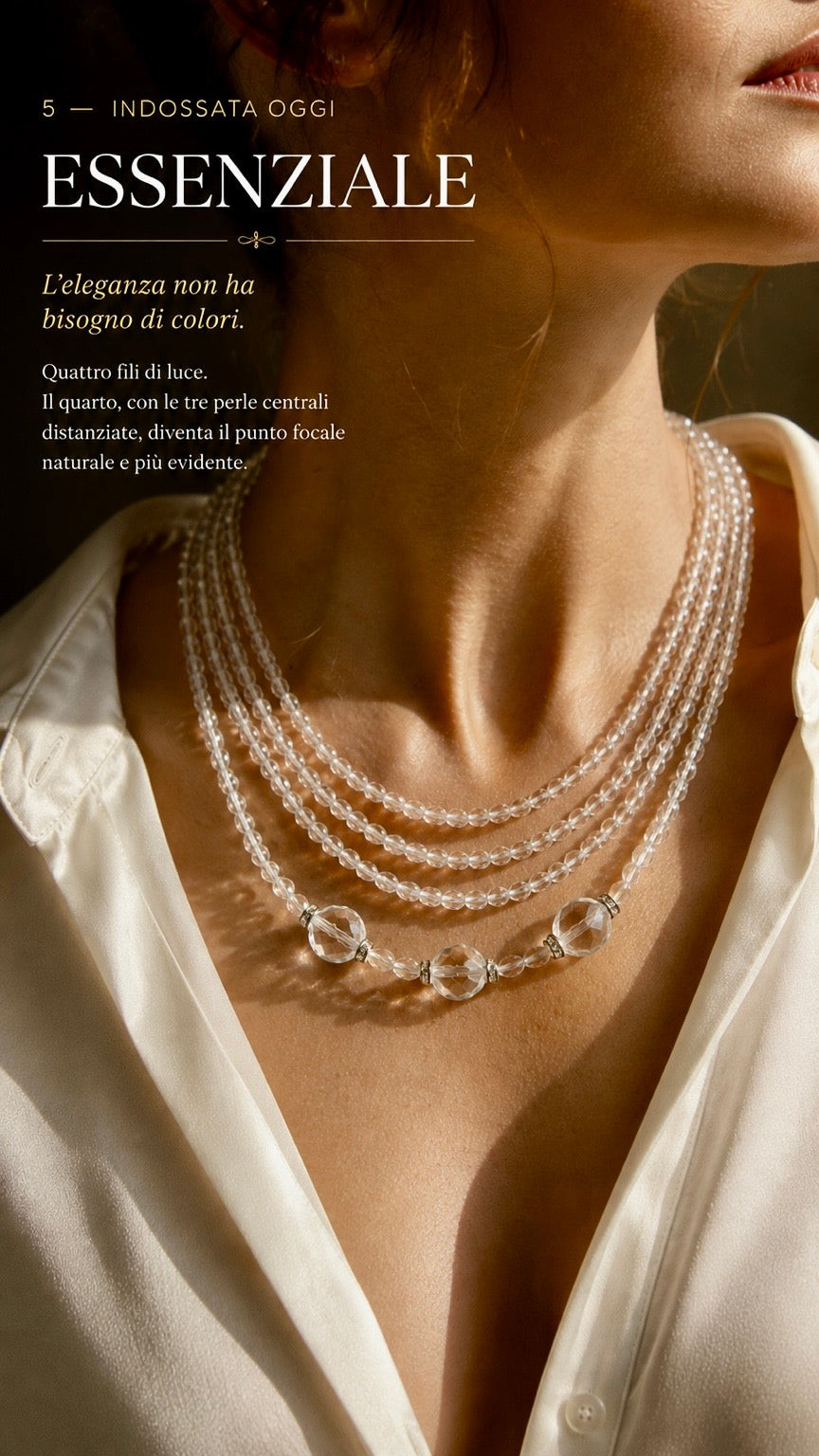 Collana sautoir multi filo con perle in vetro sfaccettato trasparente, fine ‘50s