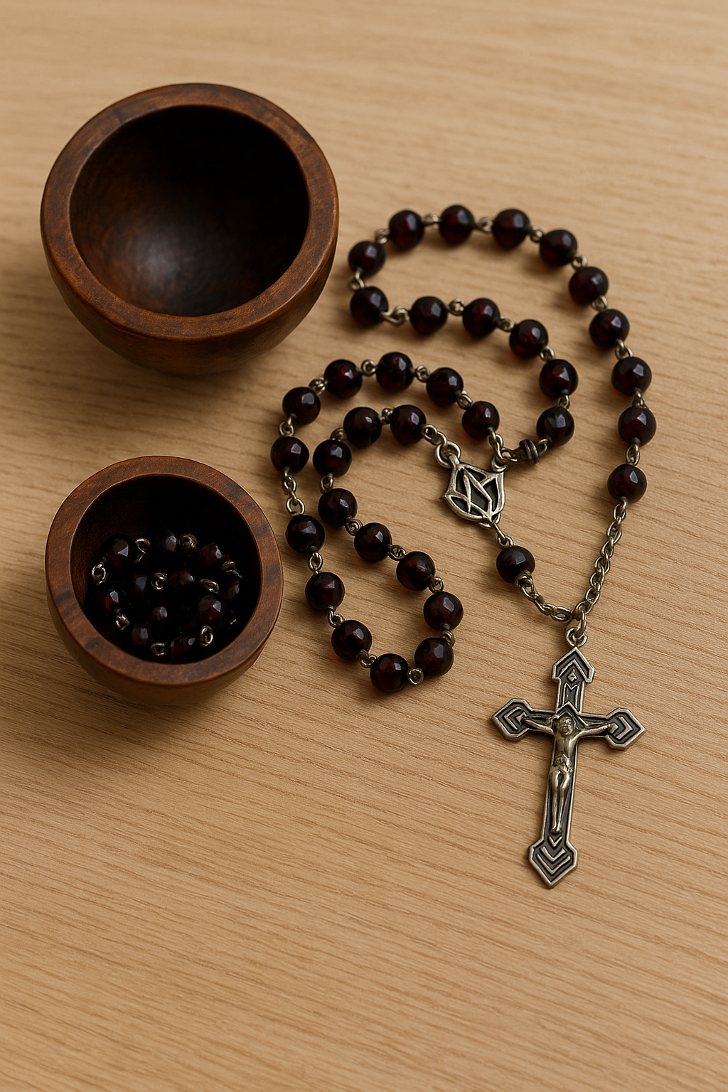 Antico Rosario Art déco in vetro di Boemia e argento dentro scrigno in noce di Tagua