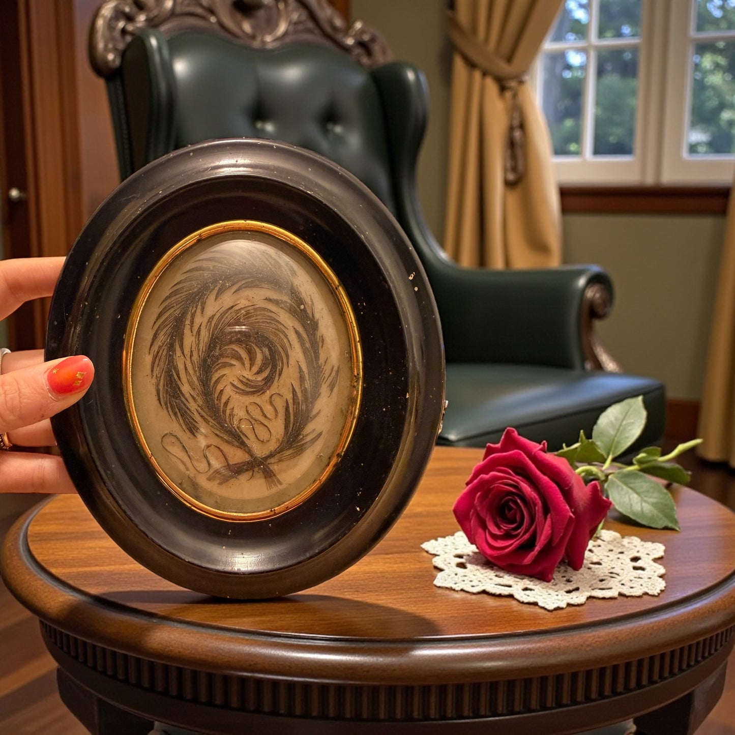 Quadro sentimentale con capelli, hair work vittoriano