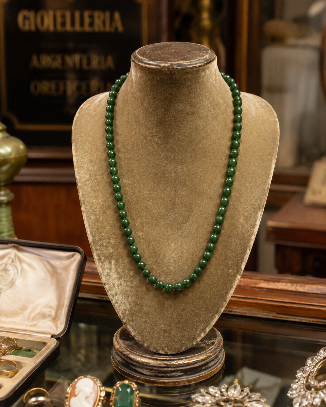 Collana in perle di giada con chiusura a barilotto, anni 50-60