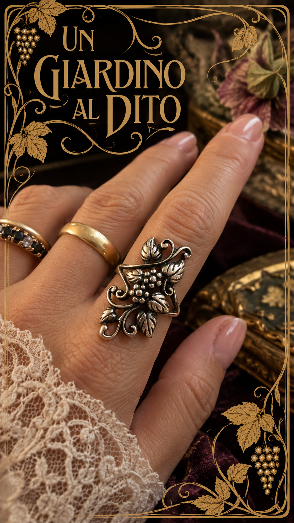 Anello porta fortuna in argento 925 art Nouveau revival tralcio di vite
