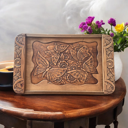 Vassoio in legno, fiori e farfalle, vintage metà ‘900