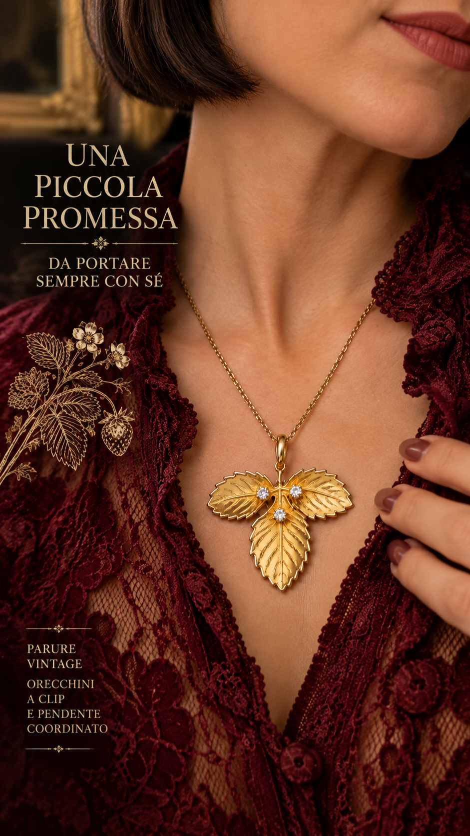 Parure gioiello vintage in metallo dorato e strass “Fragraria Vesca” orecchini clip e pendente