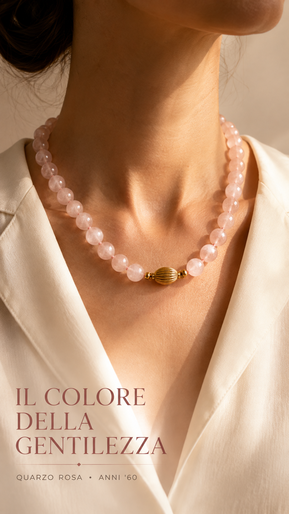 Collana collier in perle di autentico quarzo rosa infilate a mano, chiusura dorata a conchiglia, anni ‘60