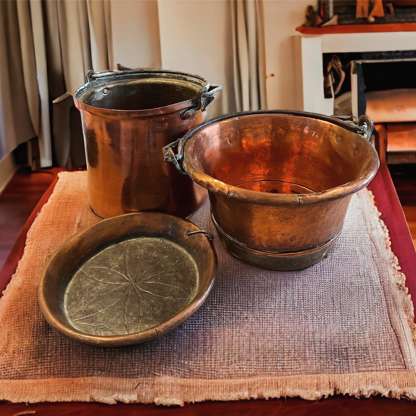 Antique copper pots and bowl set