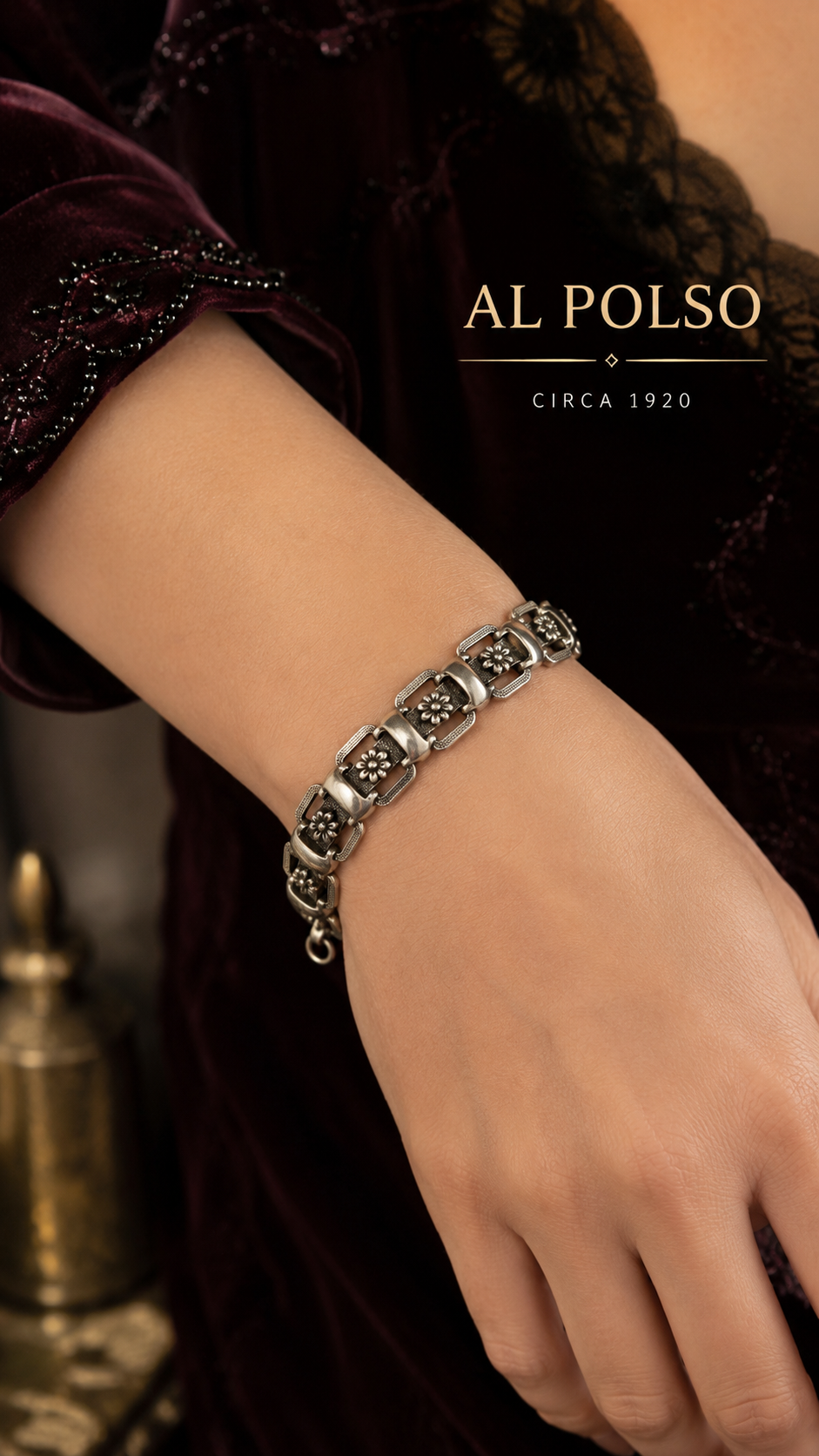 Bracciale antico in argento testato con maglie anni ‘20, transizione tra liberty e déco